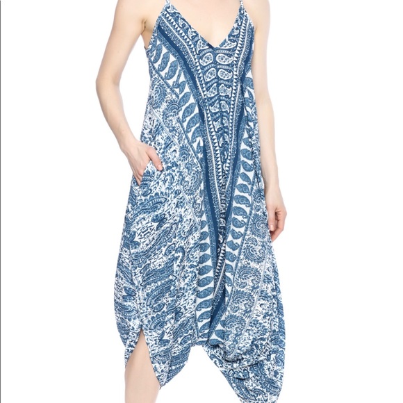 Elan Pants - Elan Blue and White Printed V-Neck Jumpsuit Romper
